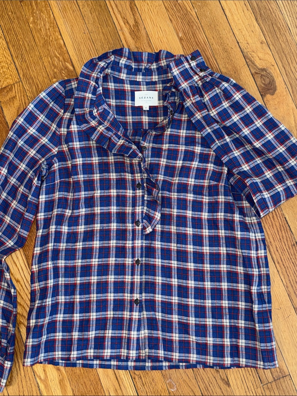 NWOT Sézane Chloe Buttondown Shirt Oxford Plaid Blue Red 36 US 4 linen blend